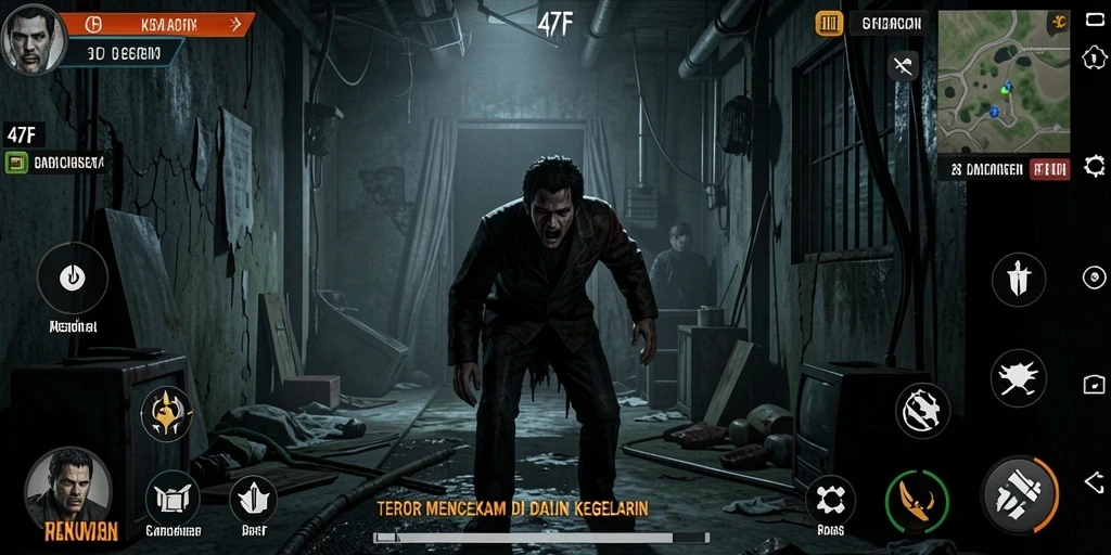 Tampilan screenshot gameplay 47F yang penuh ketegangan dan kegelapan.