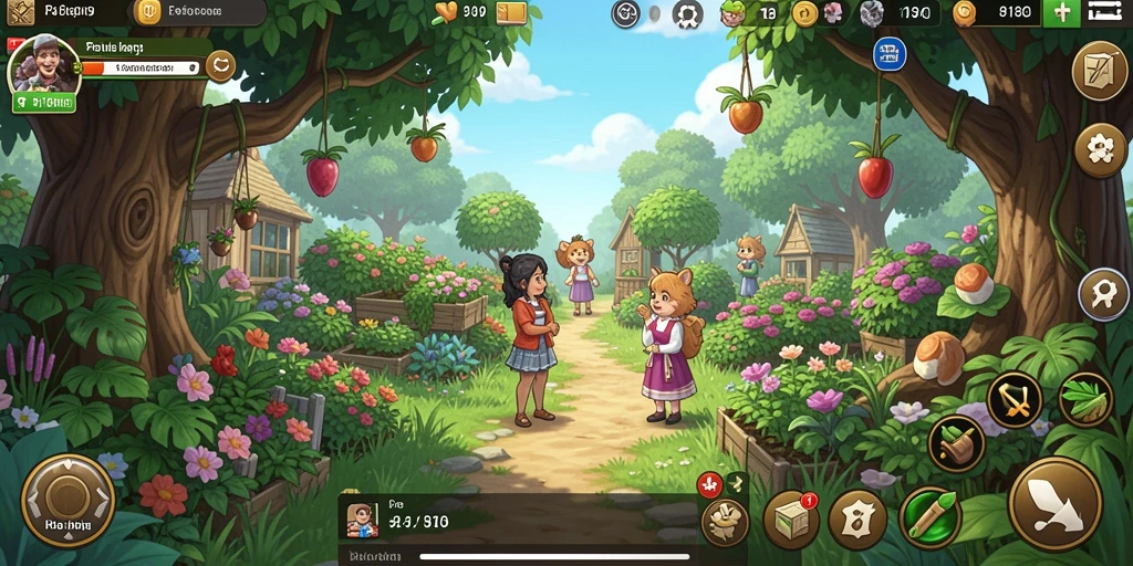 Tampilan screenshot gameplay <strong>8180</strong> yang menampilkan kebun yang indah.
