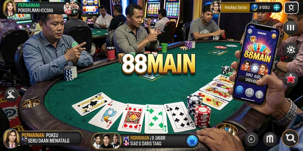 Screenshot gameplay Poker di 88MAIN menampilkan momen mendebarkan saat bertaruh.