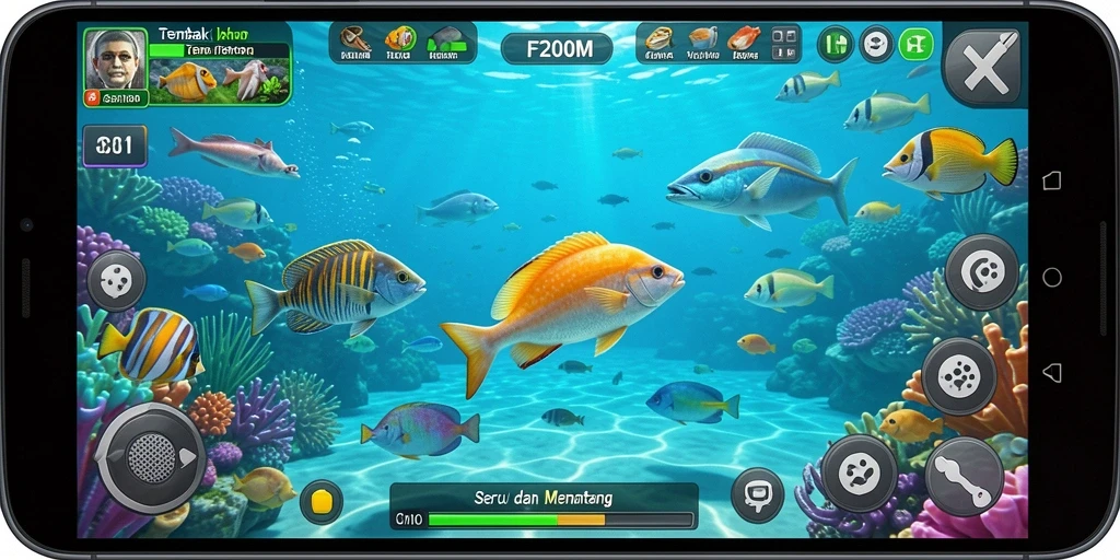 Tampilan gameplay F200M dengan aksi menembak ikan.
