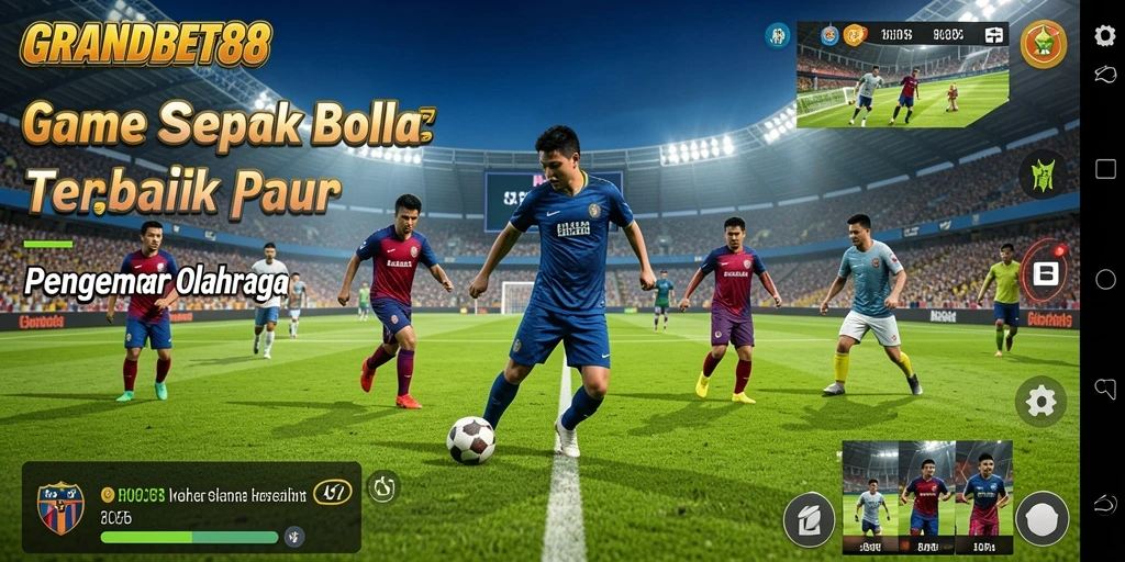 Screenshot gameplay GRANDBET88 menampilkan aksi seru di lapangan sepak bola.