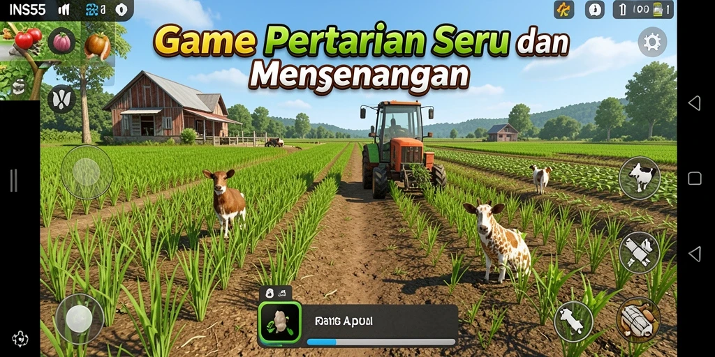 Screenshot gameplay INS55 menampilkan kebun yang subur dan bervariasi.