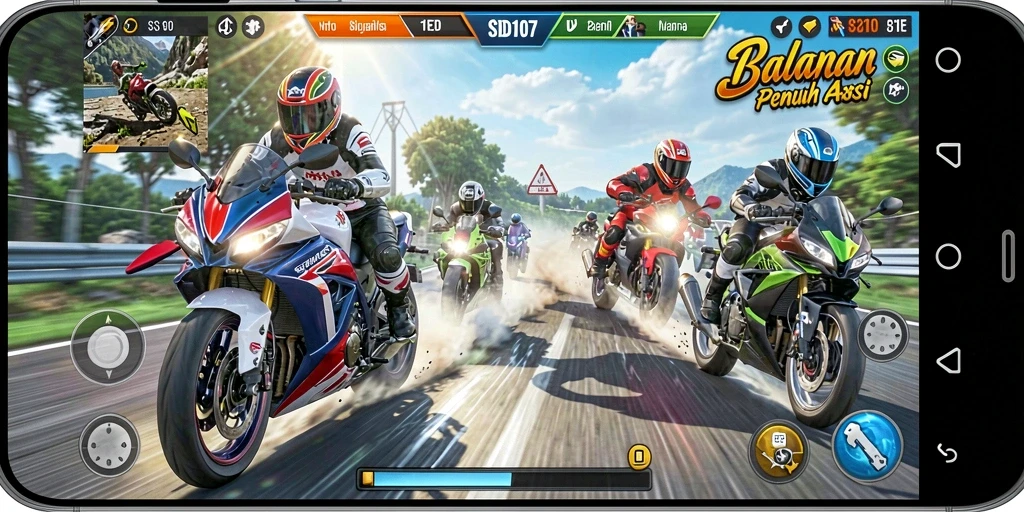 Gameplay seru dari SD107 menunjukkan balapan motor yang mendebarkan.