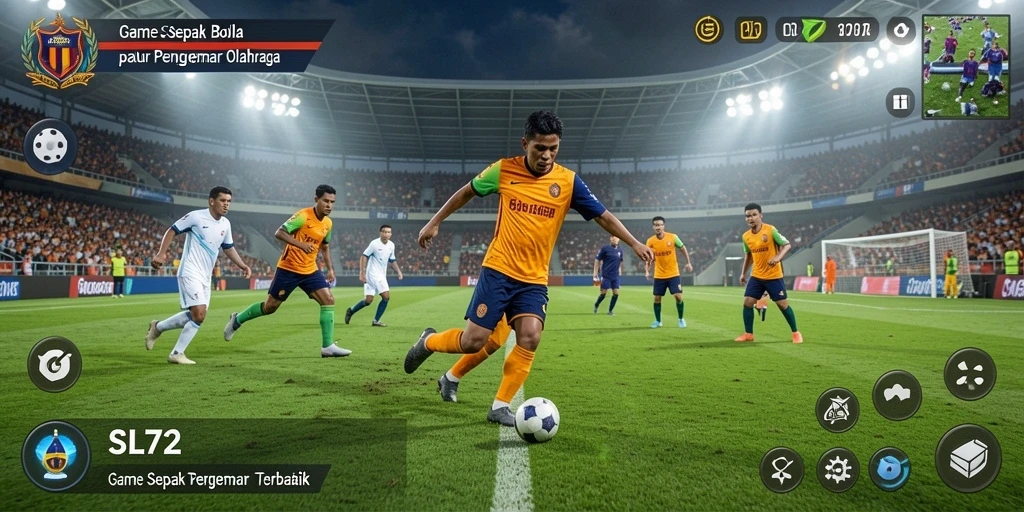 Screenshot gameplay SL72 menampilkan aksi mendebarkan di lapangan sepak bola.